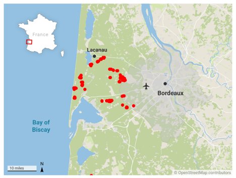 Map showing multiple locations of Gironde wildfire and hotspots