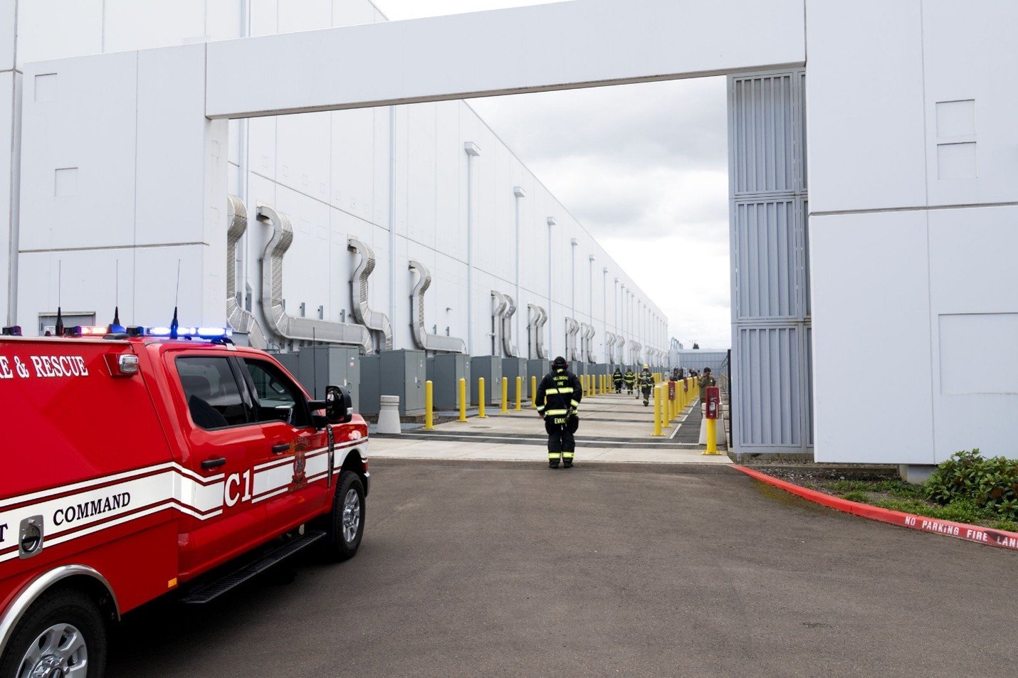 Hillsboro Fire and Rescue truck and firefighters outside data center facility