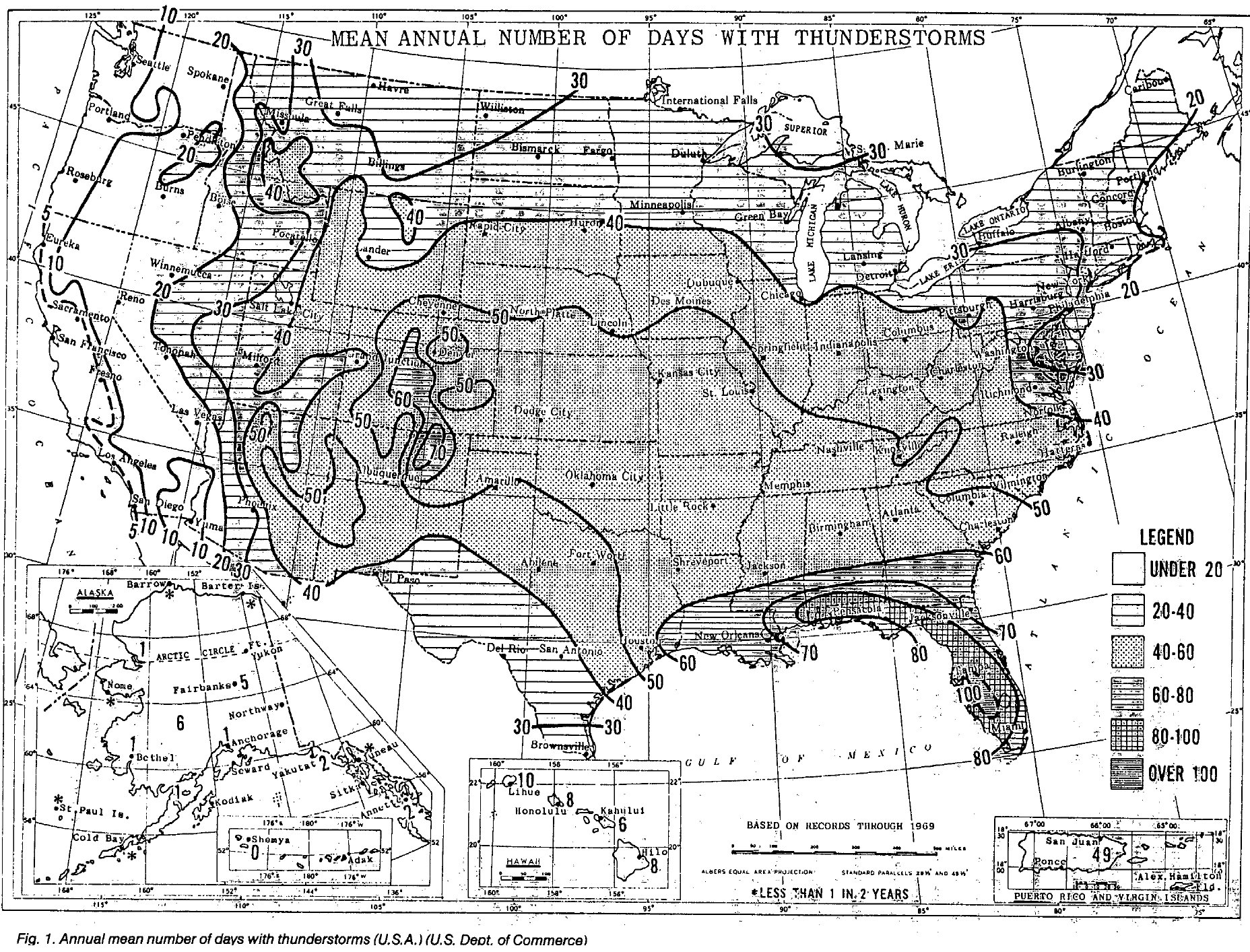 Map showing annual mean number of days with thunderstorms across the United States
