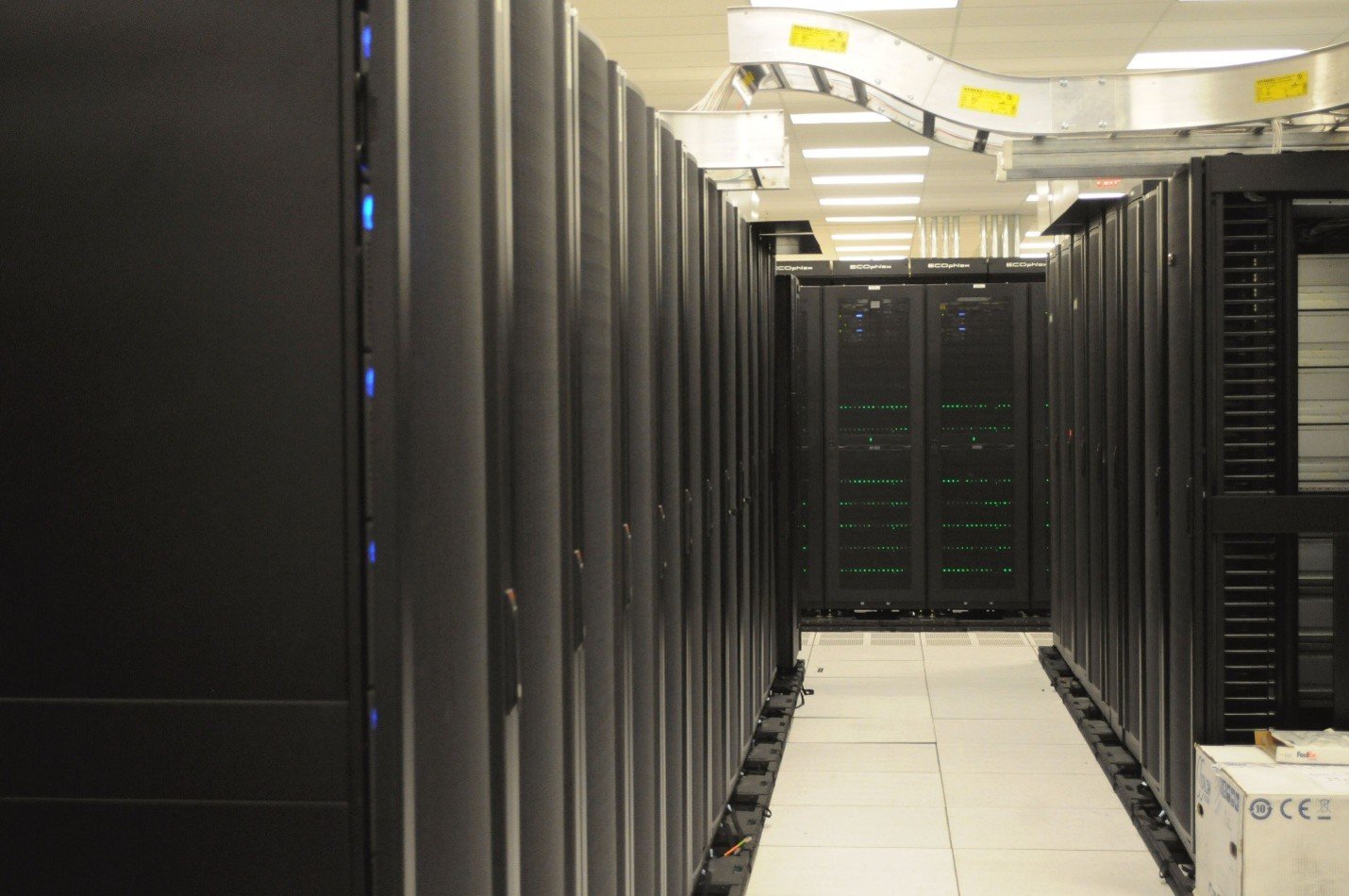 Modern high-density data center server racks and power infrastructure