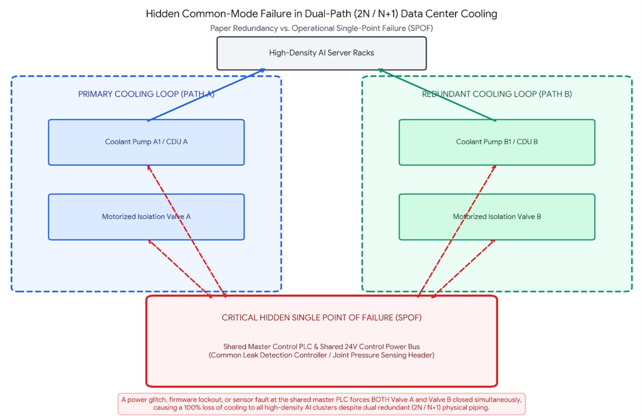 Diagram illustrating common-mode control failure in a dual-path 2N or N+1 liquid cooling loop