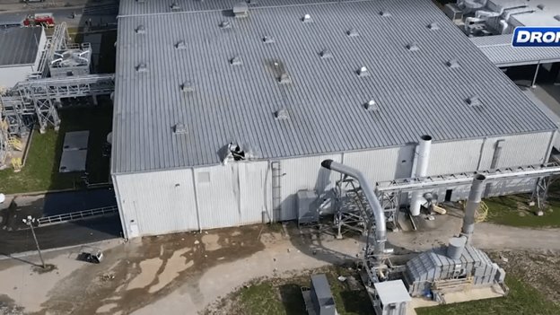 Drone imagery showing damage to process and exhaust equipment following an explosion at a battery recycling facility in Lancaster, Ohio